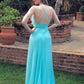 Sexy V Neck Backless Blue Long Prom Dress with High Slit   cg14436