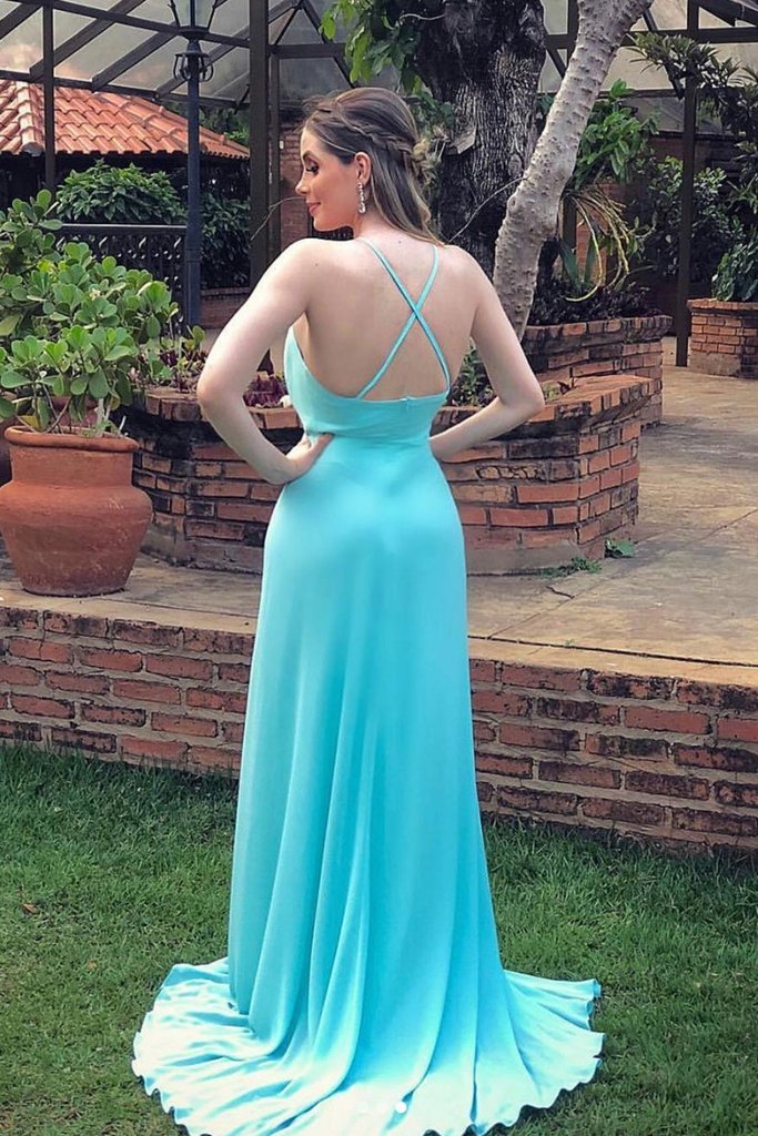 Sexy V Neck Backless Blue Long Prom Dress with High Slit   cg14436