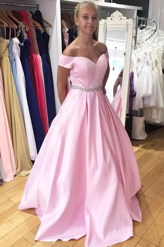 Off the Shoulder Satin Pink Long Prom Dress   cg14442
