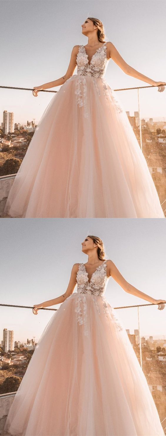 Princess V Neck Pink and White Long Prom Dress   cg14446