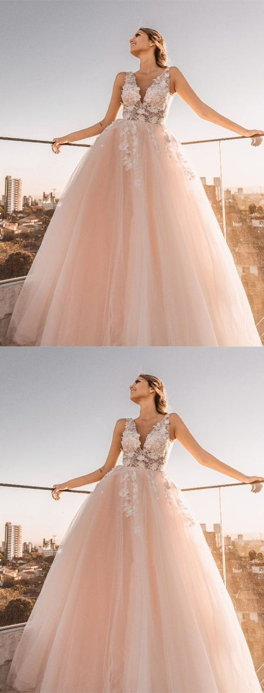 Princess V Neck Pink and White Long Prom Dress   cg14446