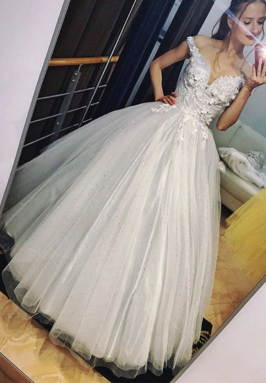 Gray tulle lace long prom dress evening dress   cg14455