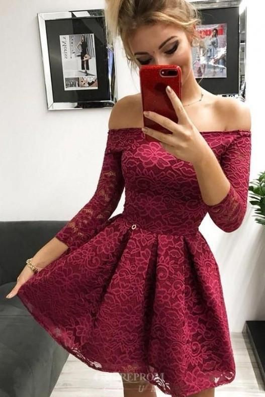 Off-the-Shoulder Long Sleeves Burgundy Lace Homecoming Dress  cg1446
