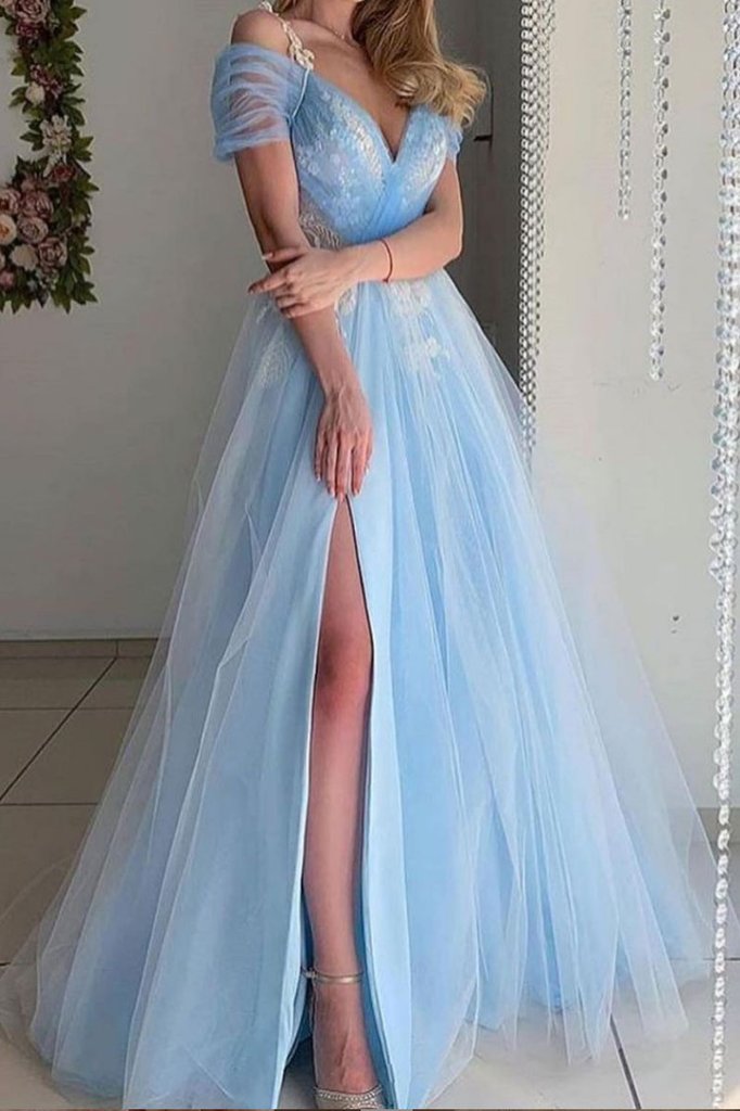 BLUE V NECK TULLE LONG PROM DRESS BLUE TULLE FORMAL DRESS   cg14467