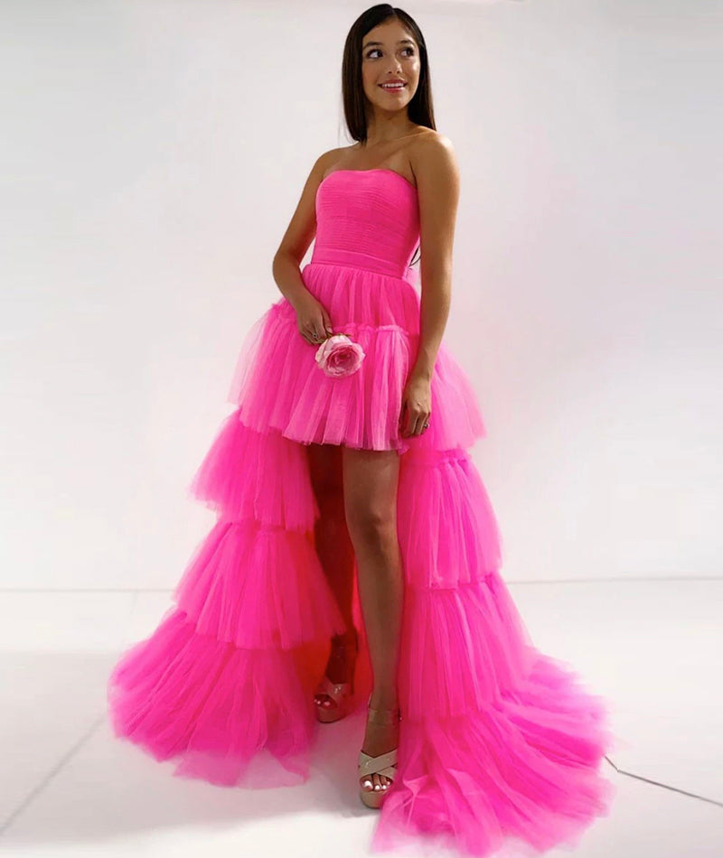 PINK TULLE LONG PROM DRESS HIGH LOW EVENING DRESS cg14469 – classygown