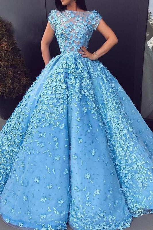 Ball Gown Blue Prom Dresses Floral Lace Bateau Long Cap Sleeve Quinceanera Dresses prom dress    cg14481