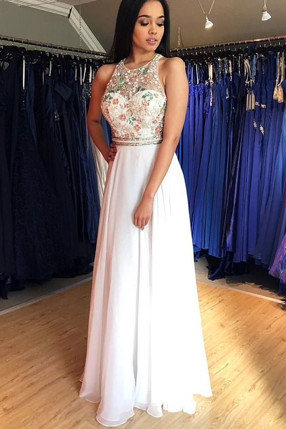 Unique A Line Colorful Beads Chiffon White Formal Dresses prom dress    cg14482