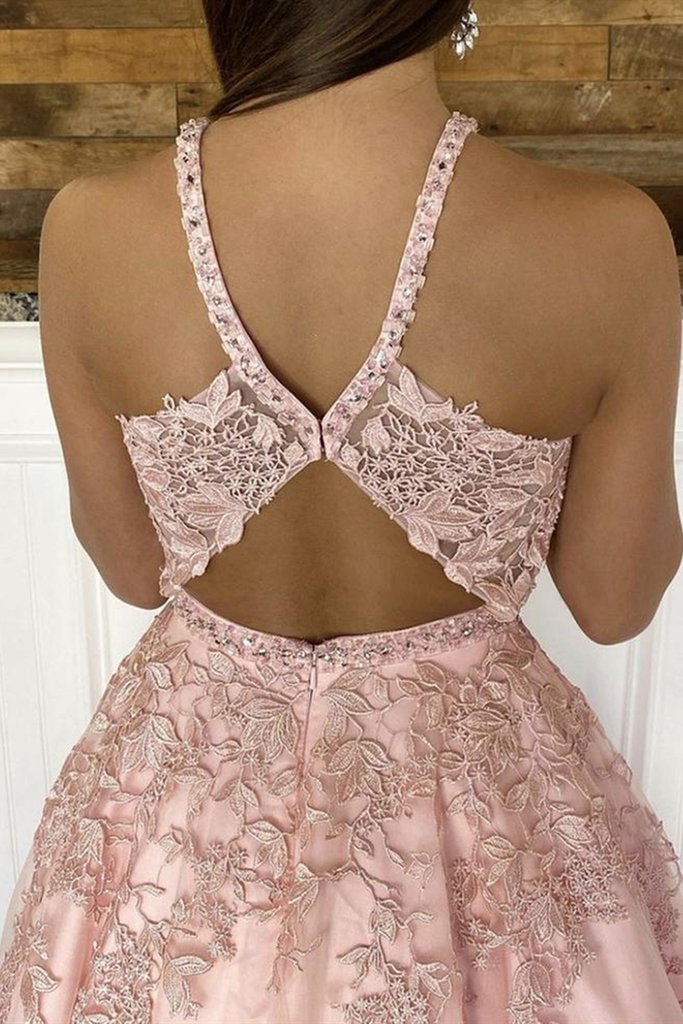 V Neck Open Back Pink Lace Long Prom Dress, Pink Lace Formal Dress, Pink Evening Dress   cg14483