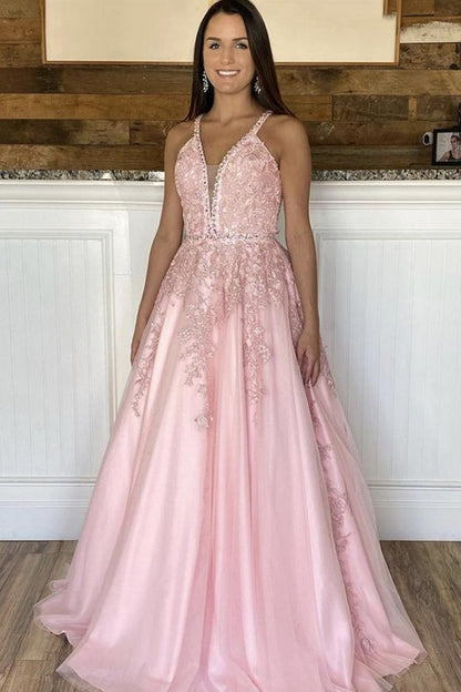 V Neck Open Back Pink Lace Long Prom Dress, Pink Lace Formal Dress, Pink Evening Dress   cg14483