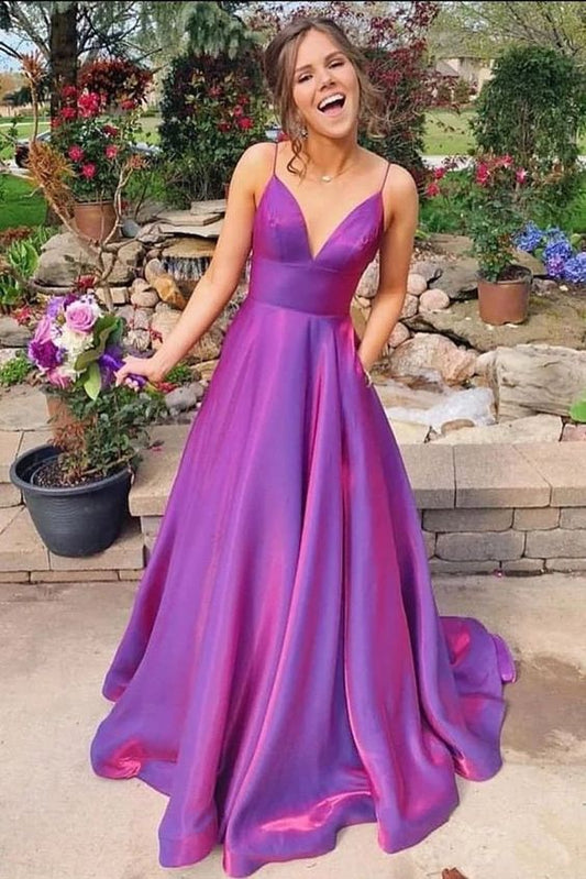 A Line Grape Spaghetti Straps Satin V Neck Long Prom Dresses Backless Evening Dresses   cg14490