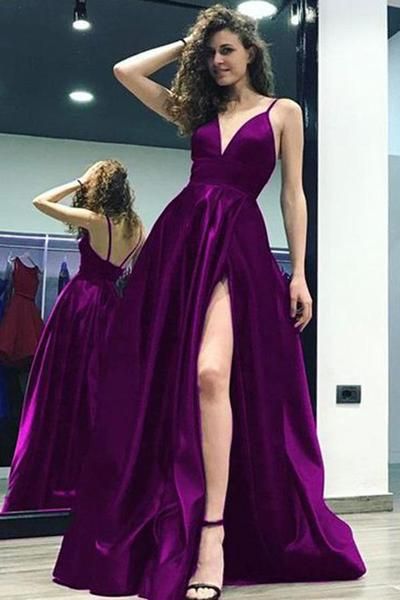Sexy Side Slit Backless Spaghetti Straps A-line Long Evening Prom Dresses   cg14491