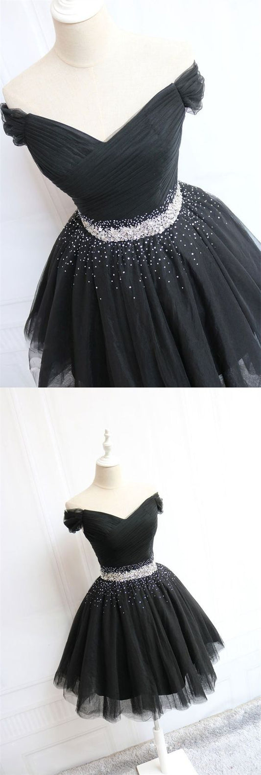 Simple Black Tulle Off Shoulder Short beaded Homecoming Dress   cg14517