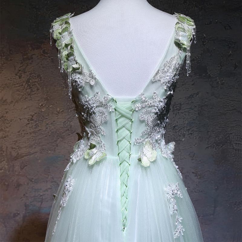 Beautiful Light Green V-Neckline Tulle Party Gown, A-Line Tulle Prom Dress   cg14524