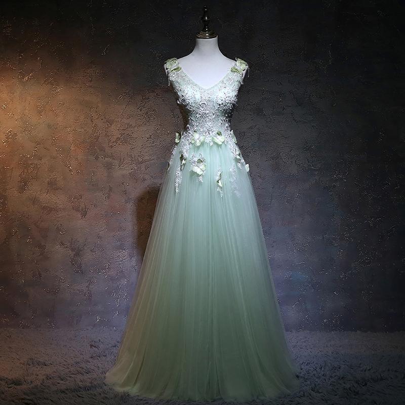 Beautiful Light Green V-Neckline Tulle Party Gown, A-Line Tulle Prom Dress   cg14524