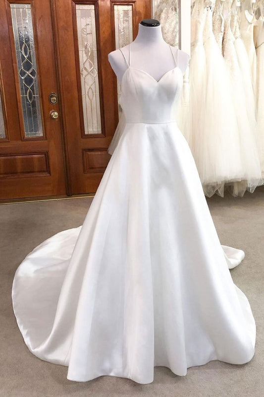 langes Ballkleid Einfaches weißes V-Ausschnitt Satin langes Hochzeitskleid weißes Brautkleid cg14526