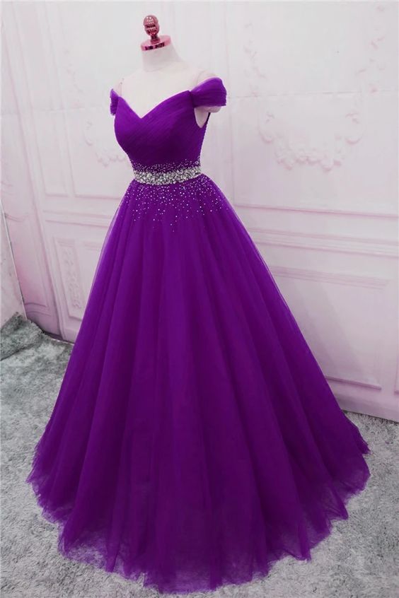Beautiful Sequins Sweetheart Long Party Dress, Purple Tulle Evening Gown   cg14541