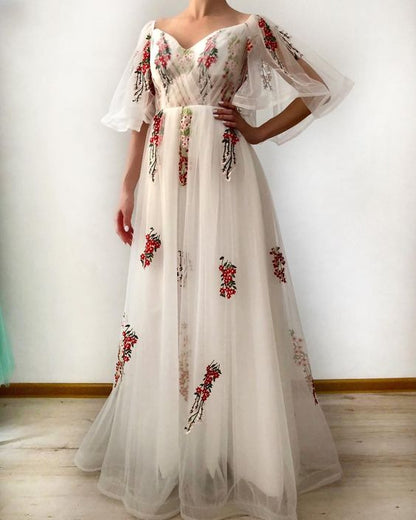 Off Shoulder Bell Sleeve Floral Long Prom Dress with Lace Up   cg14543