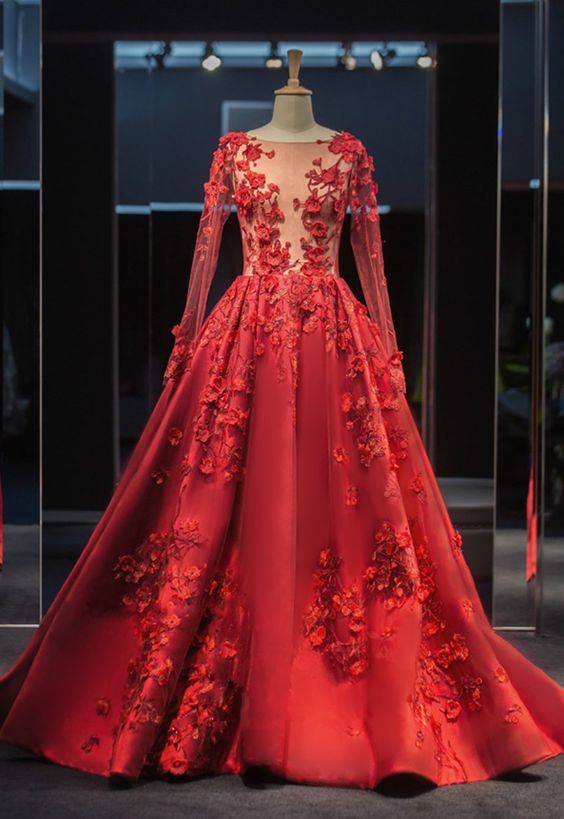 New Long Sleeve Ball Gowns Robe De Bal Longue Illusion Hand Made Tulle Back Tail Prom Dresses   cg14548