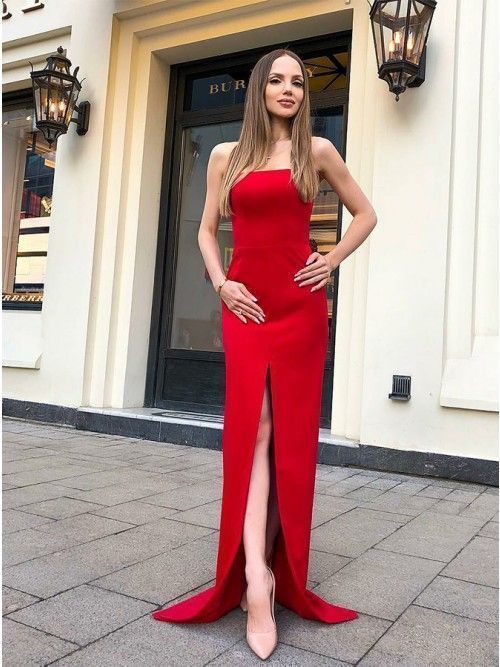 Modest Strapless Split Red Prom Evening Dress Split   cg14555