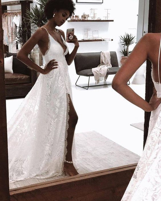 Spaghetti Straps White Lace Prom Dress with Side Slit    cg14560