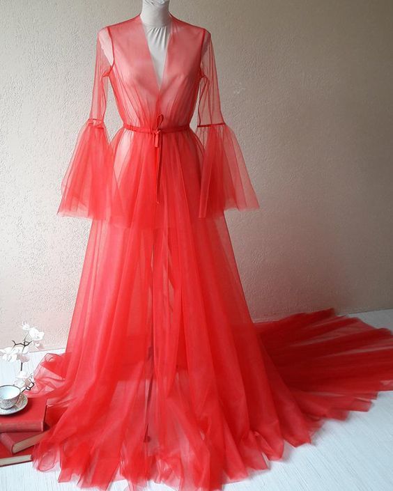 Red V-neck Tulle Prom Dress with Bell Sleeves   cg13570