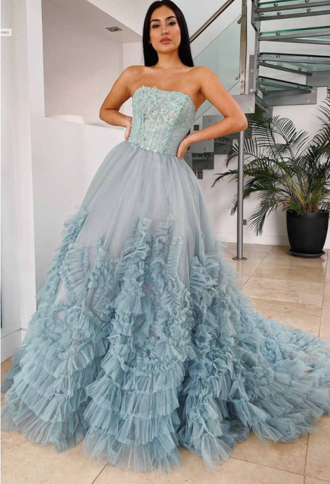 Elegant Dusty Blue Strapless Ruffles Long Prom Dress   cg14597