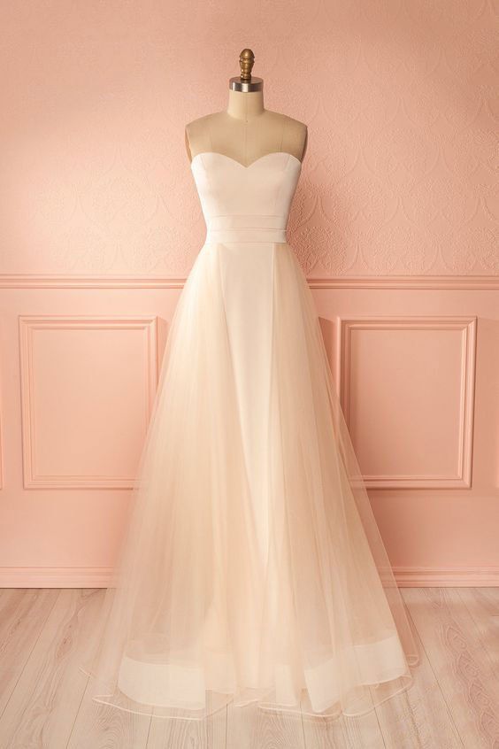 Simple tulle champagne long prom dress, light champagne tulle long evening dress cg1460