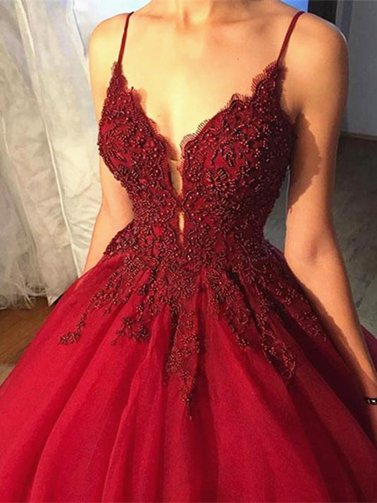 Beaded V Neck Burgundy Prom Dress with Lace Flowers, Burgundy Formal Gown   cg14600