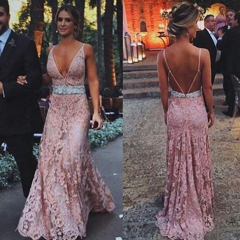Blush Pink Lace Evening Dresses Long Deep V-Neck Spaghetti Straps Open Back Prom Dress   cg14607