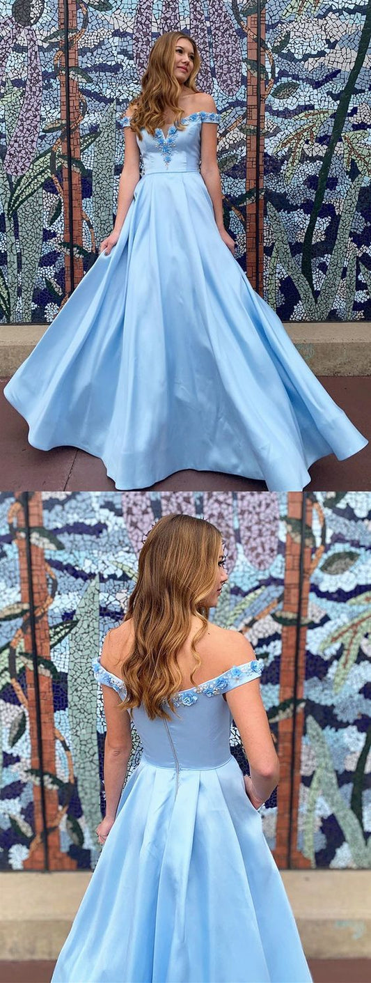 Off the Shoulder Blue 3D Flower Long Prom Dresses   cg14643