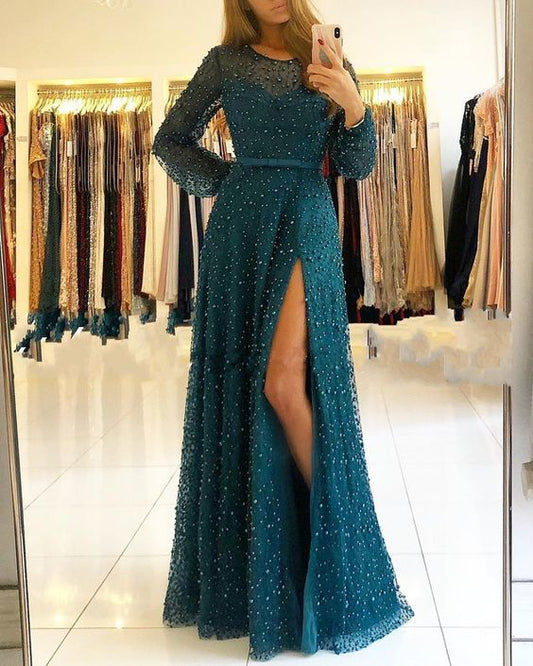 Floor Length Prom Dress With Split , Long Sleeves Prom Dress   cg14663