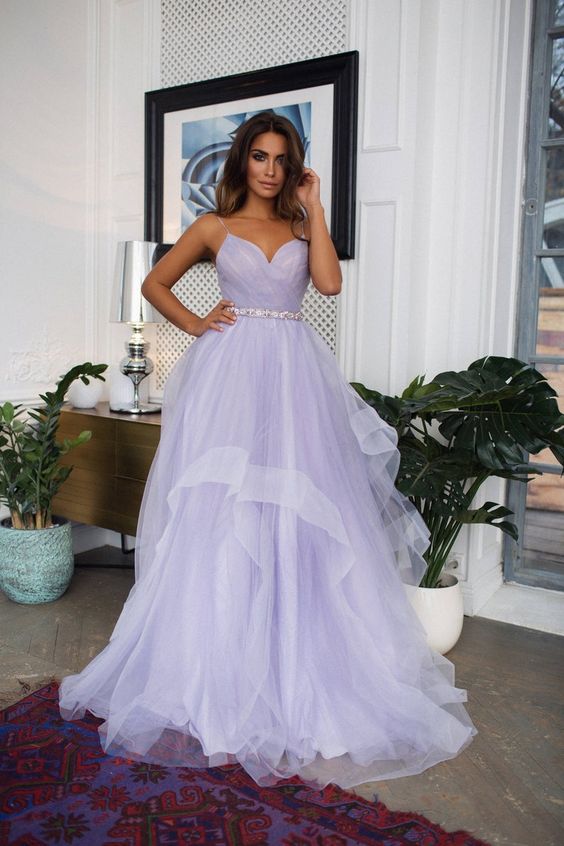 Off Shoulder Light Lavender Tulle Long Prom Dress   cg14677