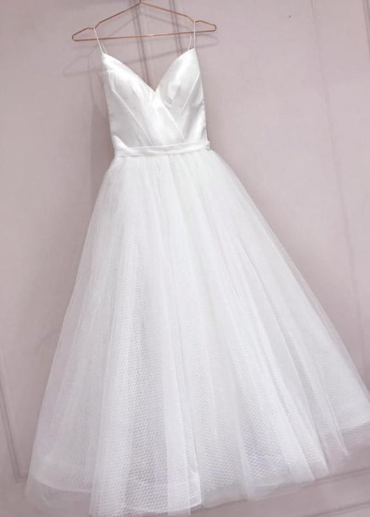 long prom dress Simple White Tulle With Satin V-Neckline Tea Length Wedding Dress, Simple White Party Dress   cg14690