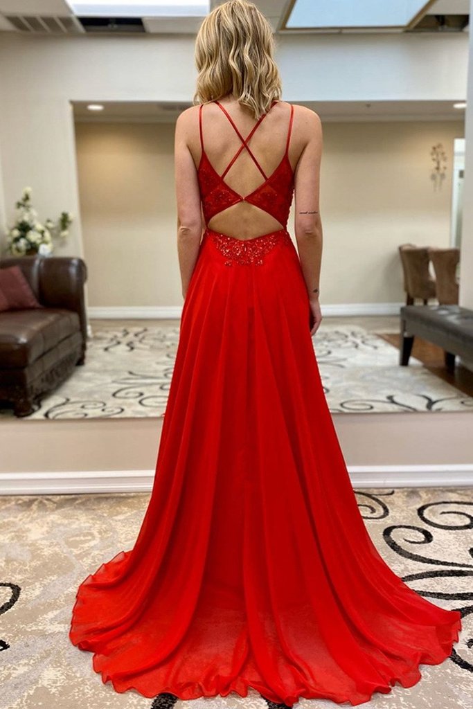 A Line V Neck Beaded Red Lace Long Prom Dress, Red Lace Formal Dress, Red Evening Dress   cg14700