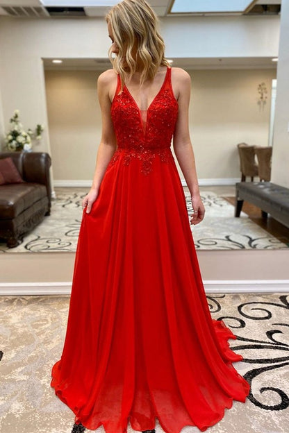 A Line V Neck Beaded Red Lace Long Prom Dress, Red Lace Formal Dress, Red Evening Dress   cg14700