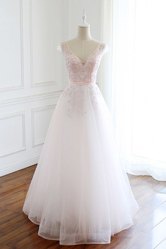 White tulle v neck long sequins cap sleeve evening dress, long senior prom dress   cg14708