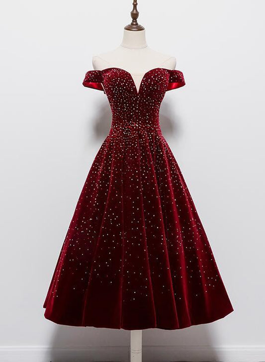 Beautiful Wine Red Tea Length Sweetheart Party Dress, Velvet Bridesmaid Dress Prom Dress   cg14714