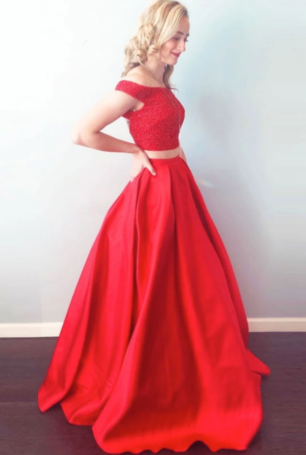 Red two pieces satin long prom dress red long evening dress   cg14767