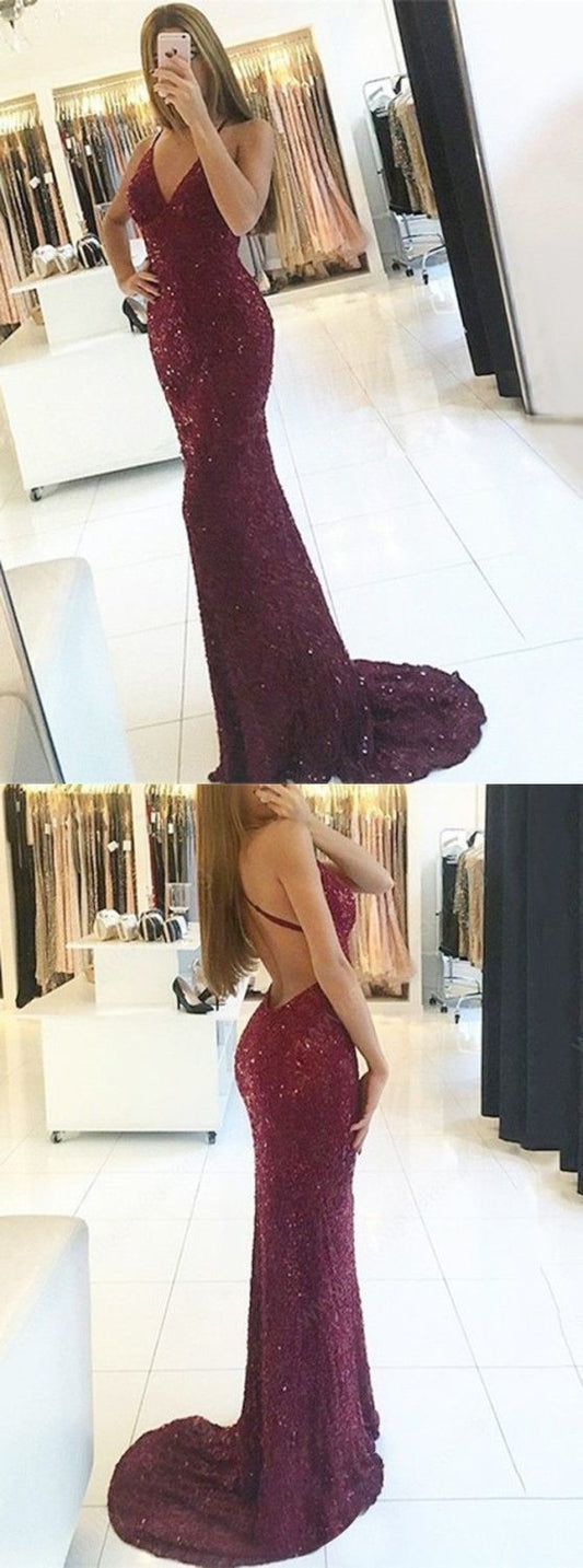 Mermaid Spaghetti Straps Backless Burgundy Lace Prom Dress with Sequins   cg14769