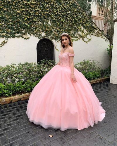 Pink Off Shoulder Ball Gown Quinceanera Dress Spaghetti Straps Beaded ...