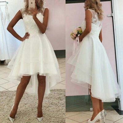 White A-line Sleeveless Lace Appliques Hi-Low Prom Dresses    cg14793