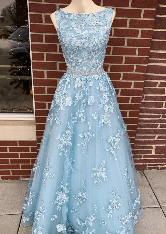 Blue lace long prom dress blue evening dress   cg14828