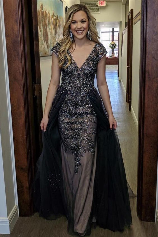 A Line V Neck Long Prom Dresses With Beading   cg14830