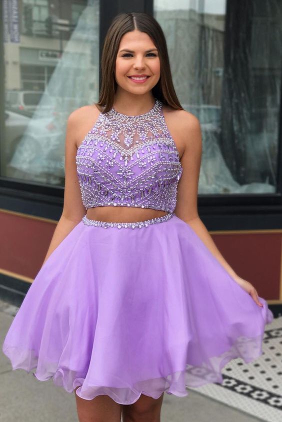 Two Piece Jewel Neck Beading Lilac Homecoming Dress  cg1486