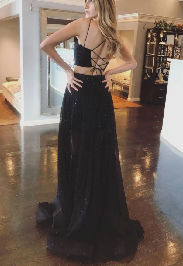 Black two pieces tulle long prom dress black evening dress   cg14869