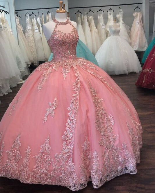 Pink Halter Ball Gown Dress With Lace ,prom dresses   cg14878