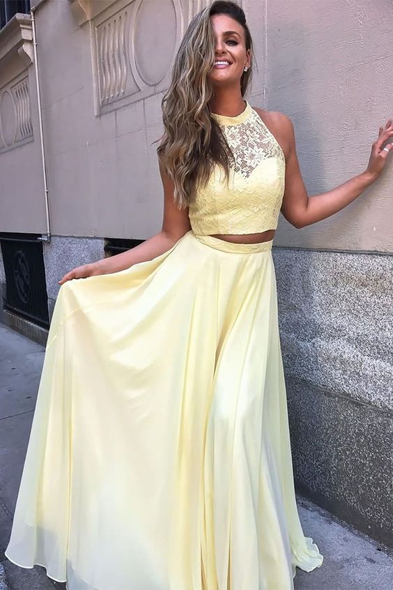2 Piece Prom Dresses, Yellow Prom Dress, Long Prom Dance Dress   cg14900