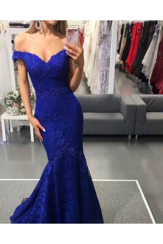 Mermaid Off-the-Shoulder Lace Long Prom Dresses Formal Evening Gowns c ...