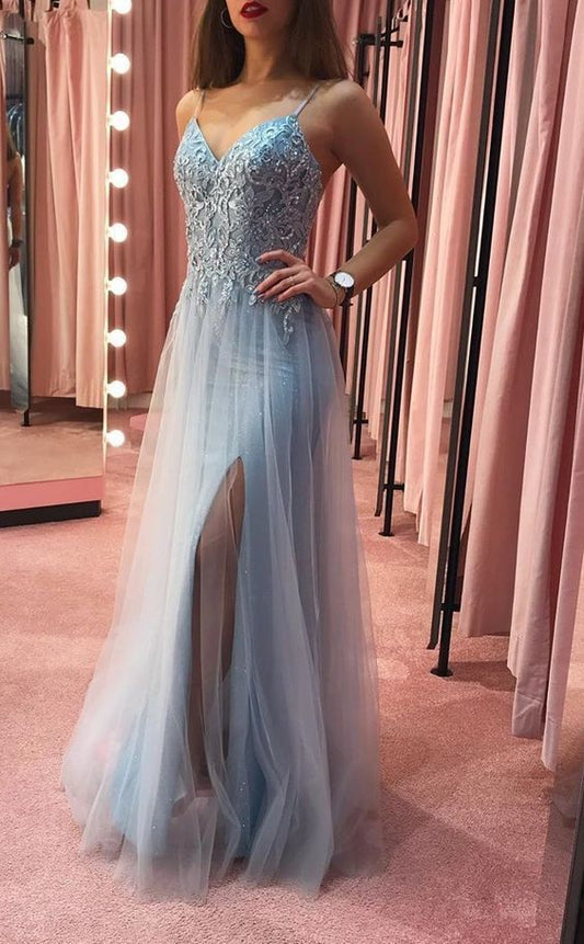 A-line Straps Long Prom Dress With Lace Top   cg14920