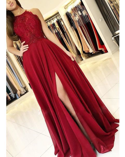 Elegant burgundy halter lace long prom dress   cg14922